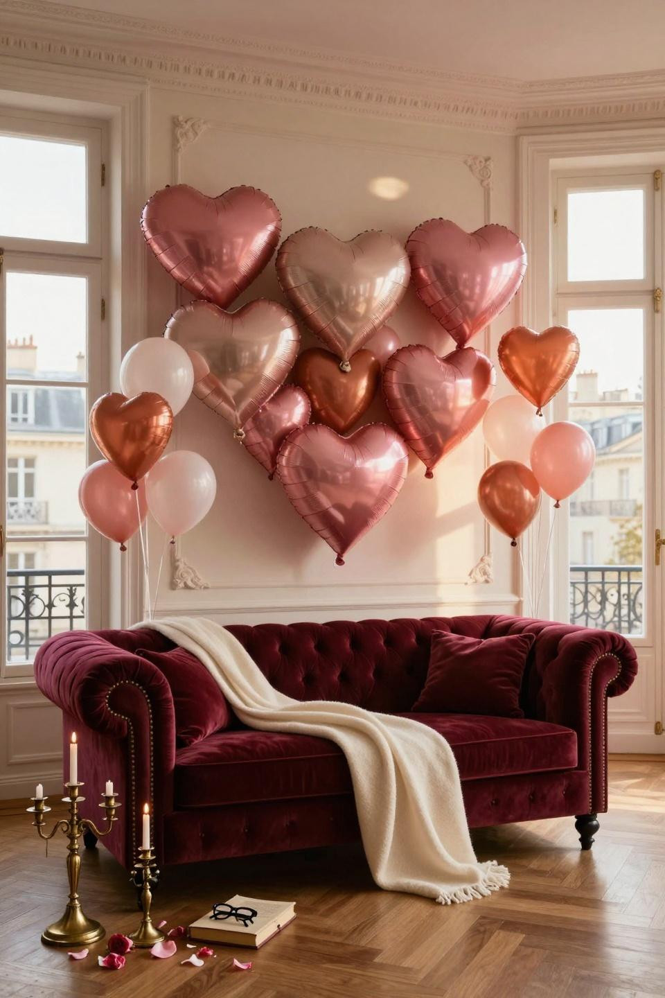 Valentine's Day Balloon Heart Wall with sculptural bouquets and velvet sofa