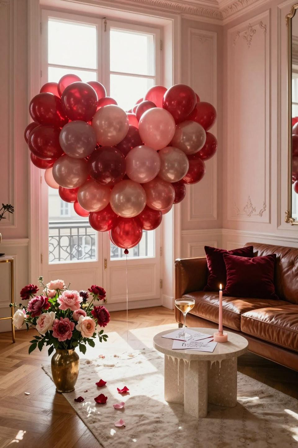 Valentine's Day Balloon Heart Wall with fresh flowers and candles