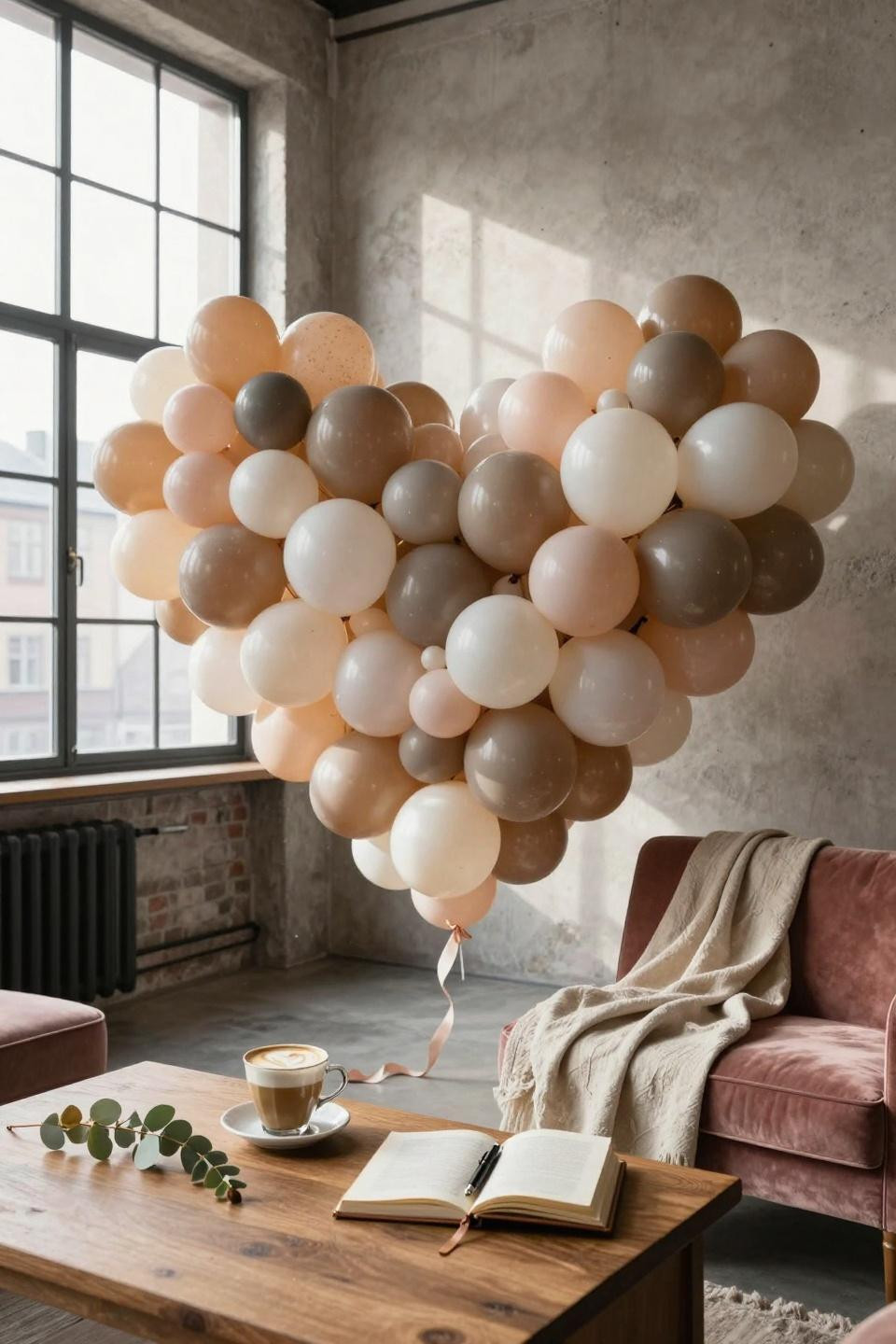 Valentine's Day Balloon Heart Wall in neutral taupe and blush tones