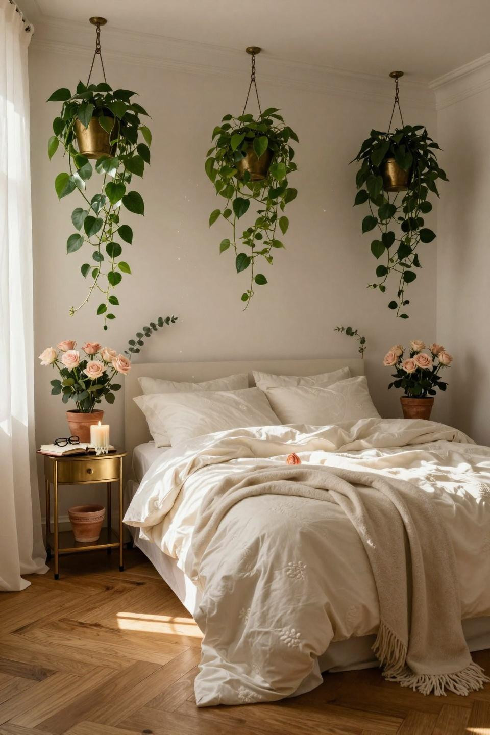 Valentines Day decorations bedroom surprise with hanging plants and botanical elements