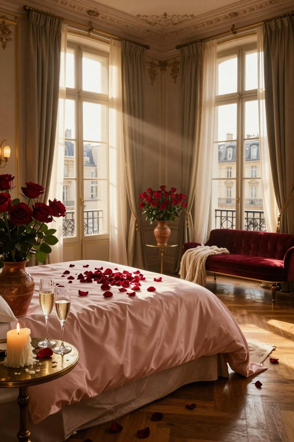 Valentines Day decorations bedroom hotel suite with blush sheets and rose petals