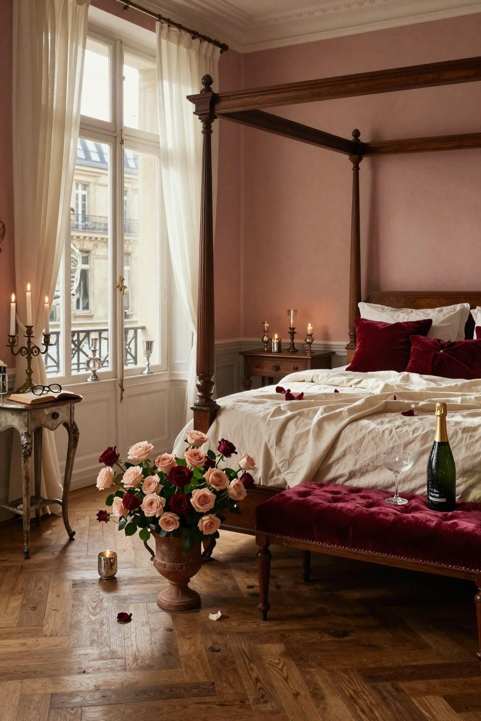 Valentines Day decorations bedroom in European style with garden roses and antiques