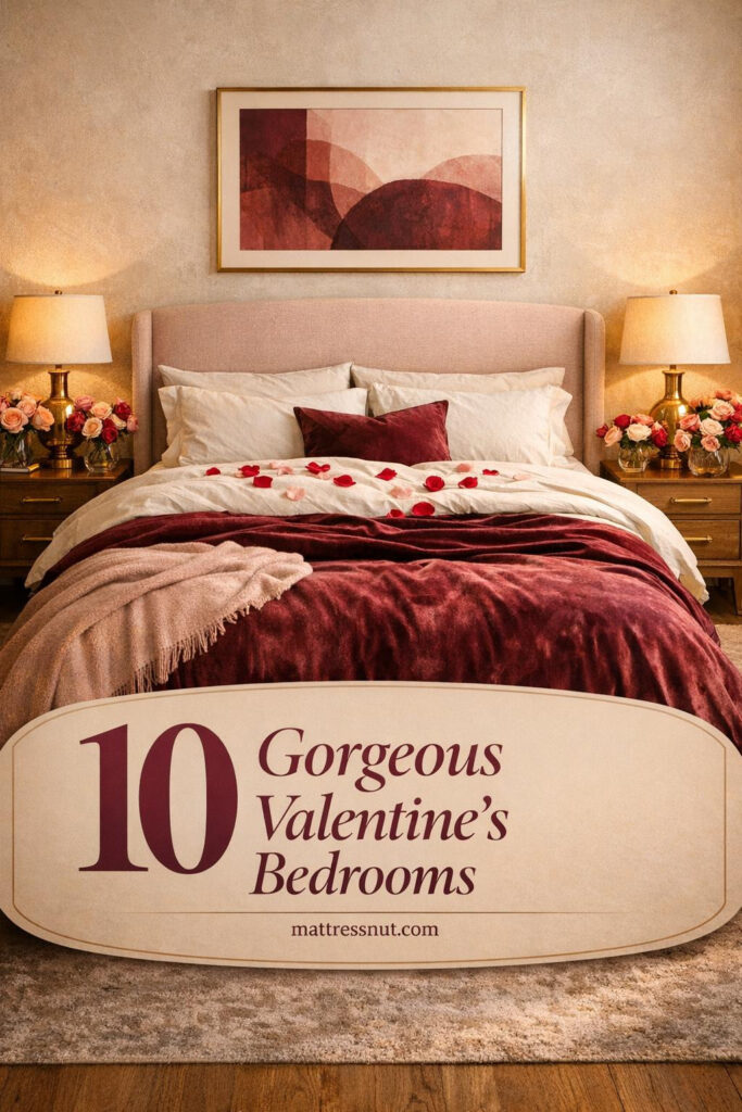 Elegant bedroom featuring burgundy velvet duvet, blush linen headboard, brass lamps, fresh roses, and layered ivory bedding