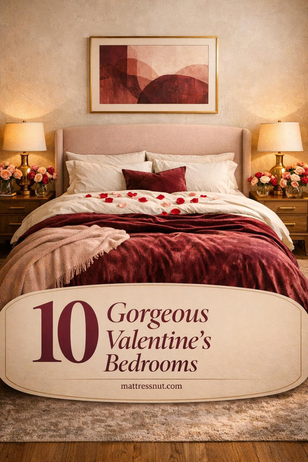 Elegant bedroom featuring burgundy velvet duvet, blush linen headboard, brass lamps, fresh roses, and layered ivory bedding