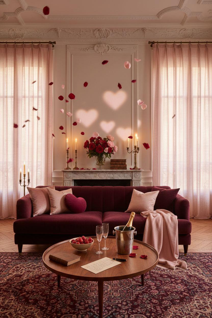Valentine's Day decorations - luxurious Parisian living room with burgundy velvet