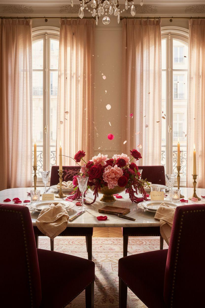 Valentine's Day decorations - dining table with dramatic rose centerpiece