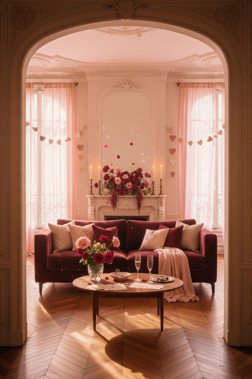 Valentine's Day decorations - romantic room with blush curtains and soft lighting