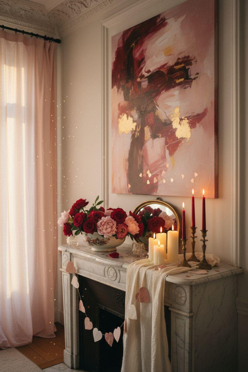 Valentine's Day decorations - mantel with draped ribbons and metallic confetti