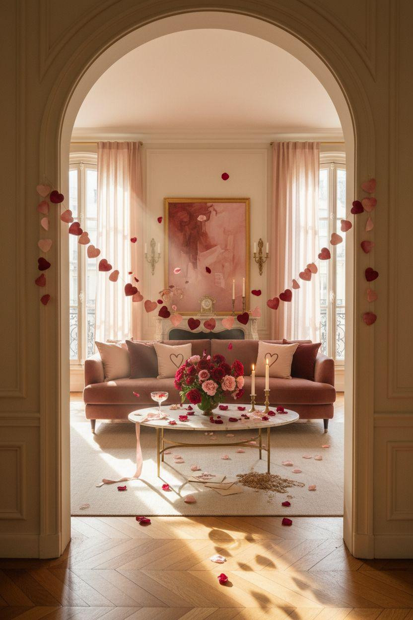Valentine's Day decorations - living room with heart garlands and soft lighting