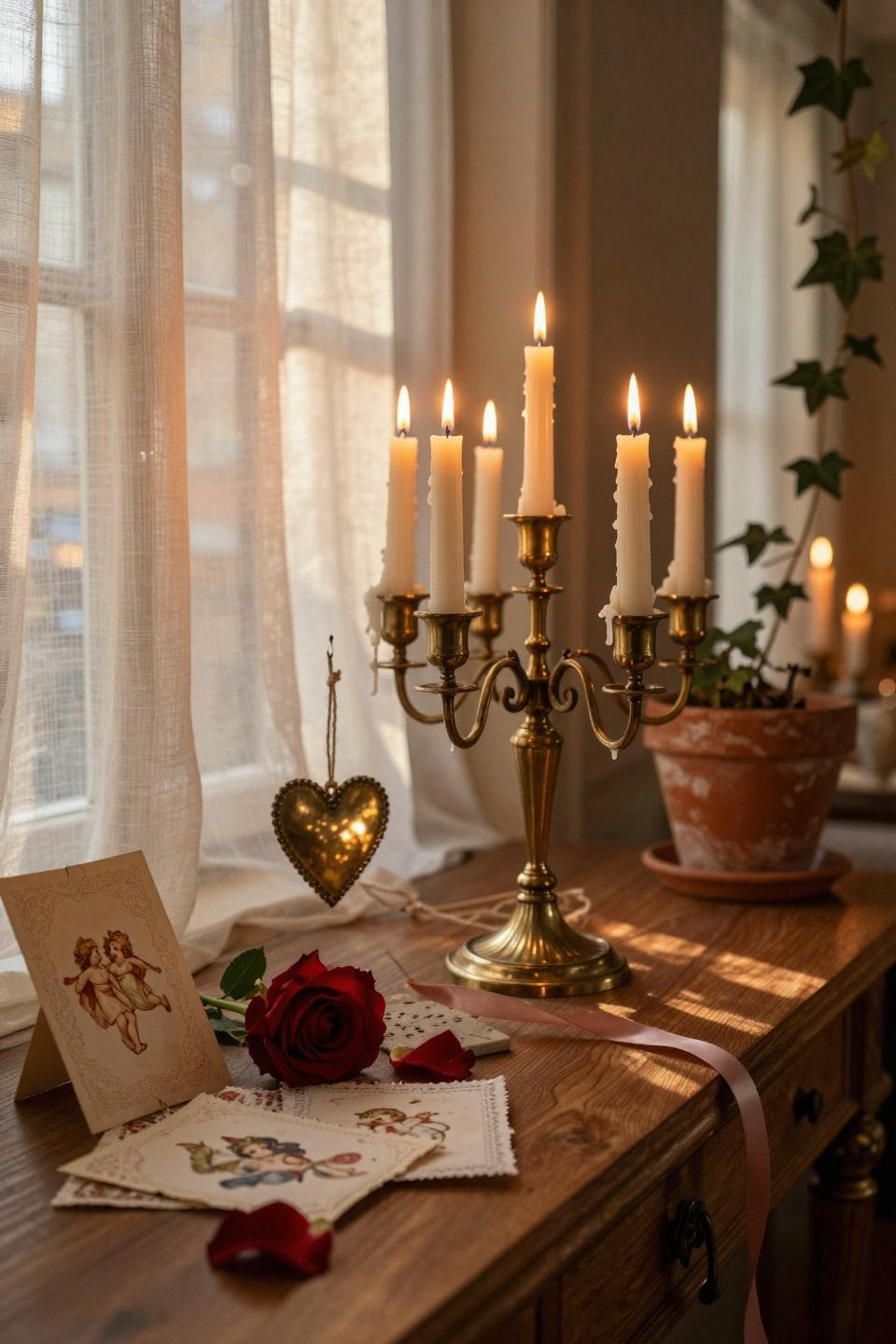 Valentines Day Decorations - brass candelabra with vintage postcards