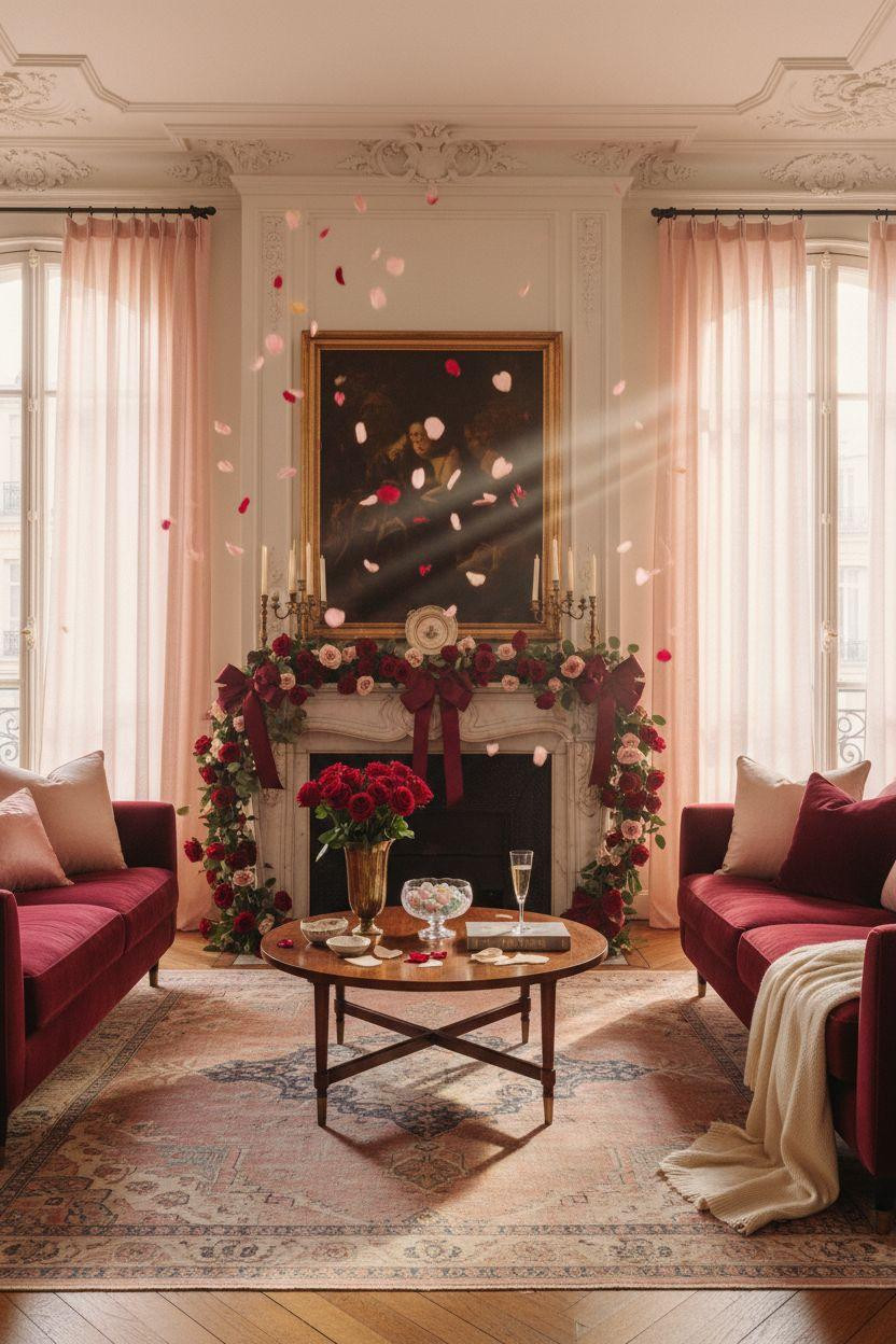 Valentine's Day decorations - mantel with satin ribbon bows and cascading roses