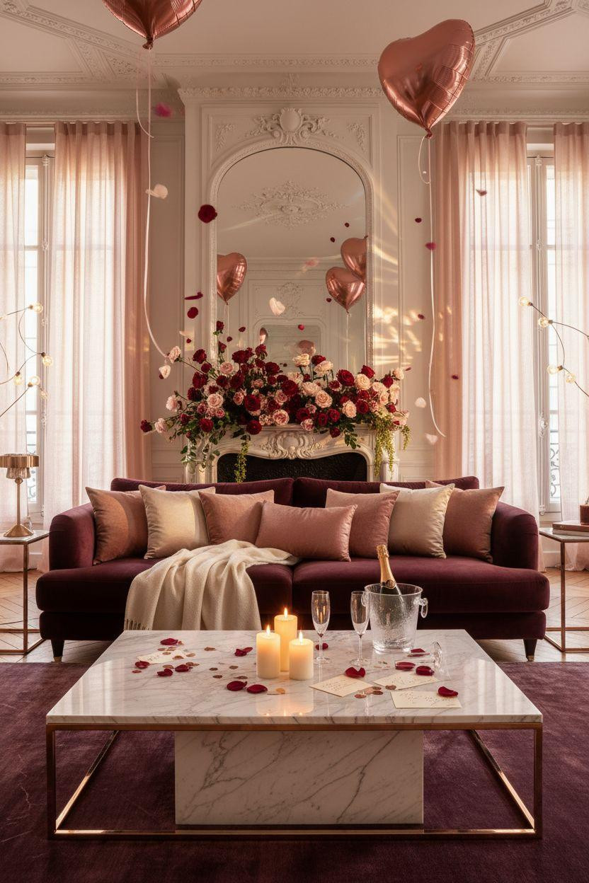 Valentine's Day decorations - living room with rose gold metallic and burgundy tones