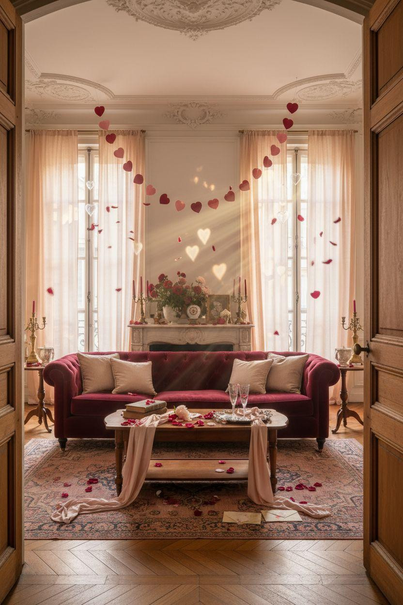 Valentine's Day decorations - living room with hanging heart ornaments and light reflections