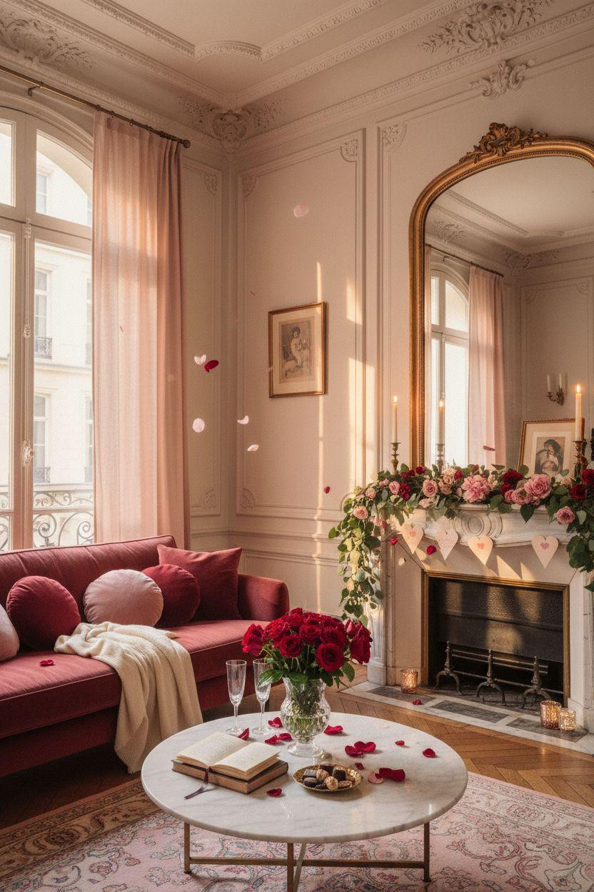 Valentine's Day decorations - living room with burgundy velvet and layered textures