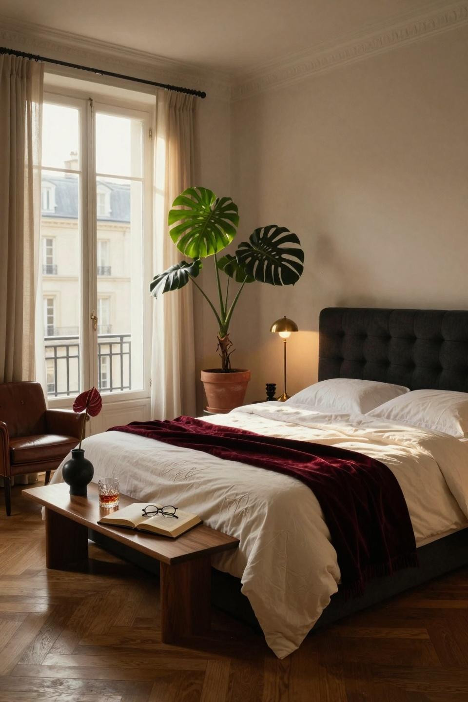 Valentines Day decorations bedroom designed for him with charcoal tones and leather