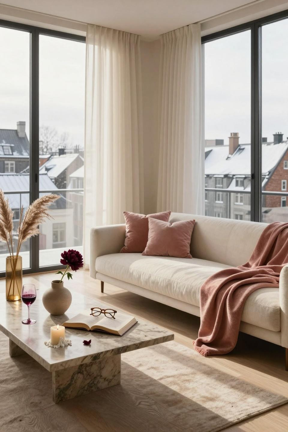 Valentines Day decorations bedroom in minimalist Scandinavian style with blush accents
