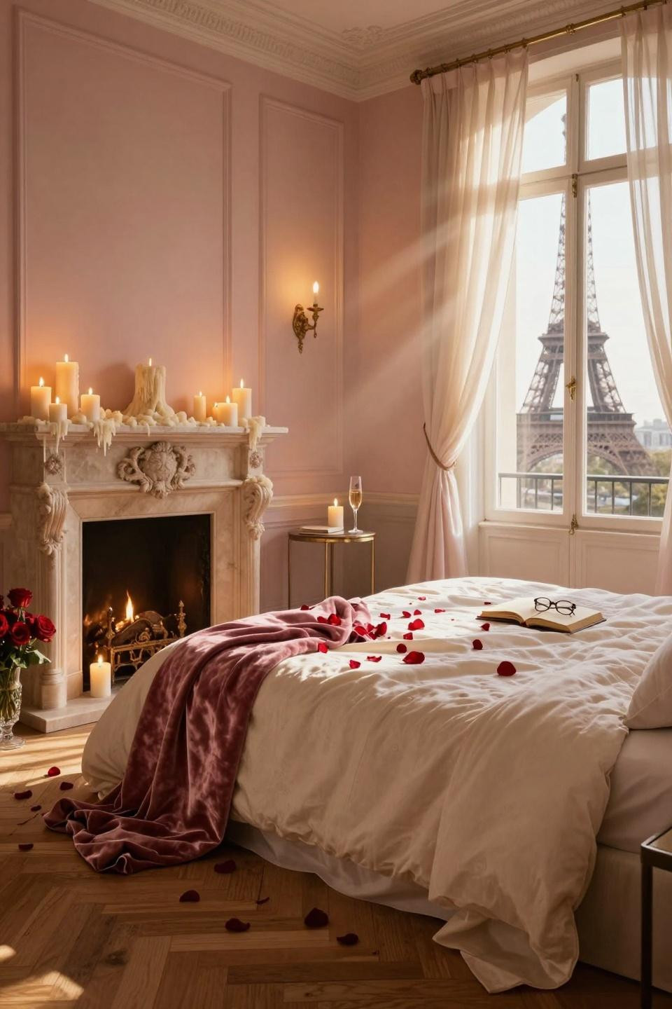 Valentines Day decorations bedroom featuring fireplace with candles and champagne