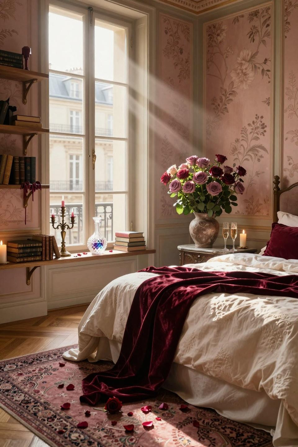 Valentines Day decorations bedroom with blush silk walls and scattered rose petals