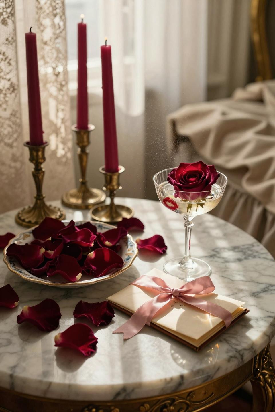 Valentines Day decorations restaurant - Belle Époque suite with Carrara marble and velvet rose petals