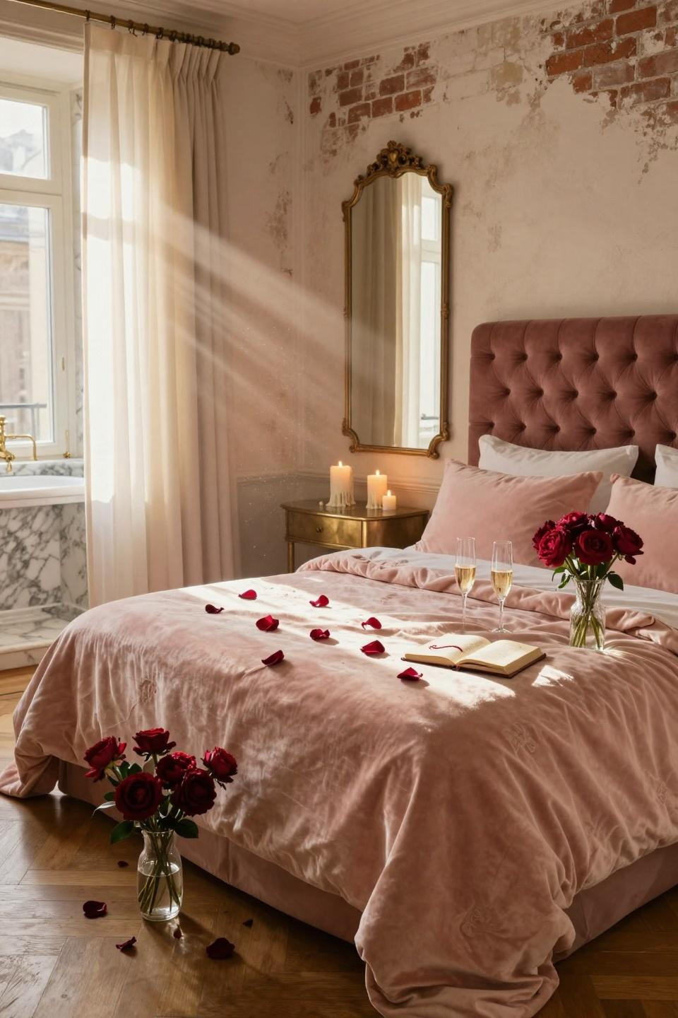 Valentines Day decorations restaurant - boutique hotel suite with blush velvet duvet and scattered rose petals