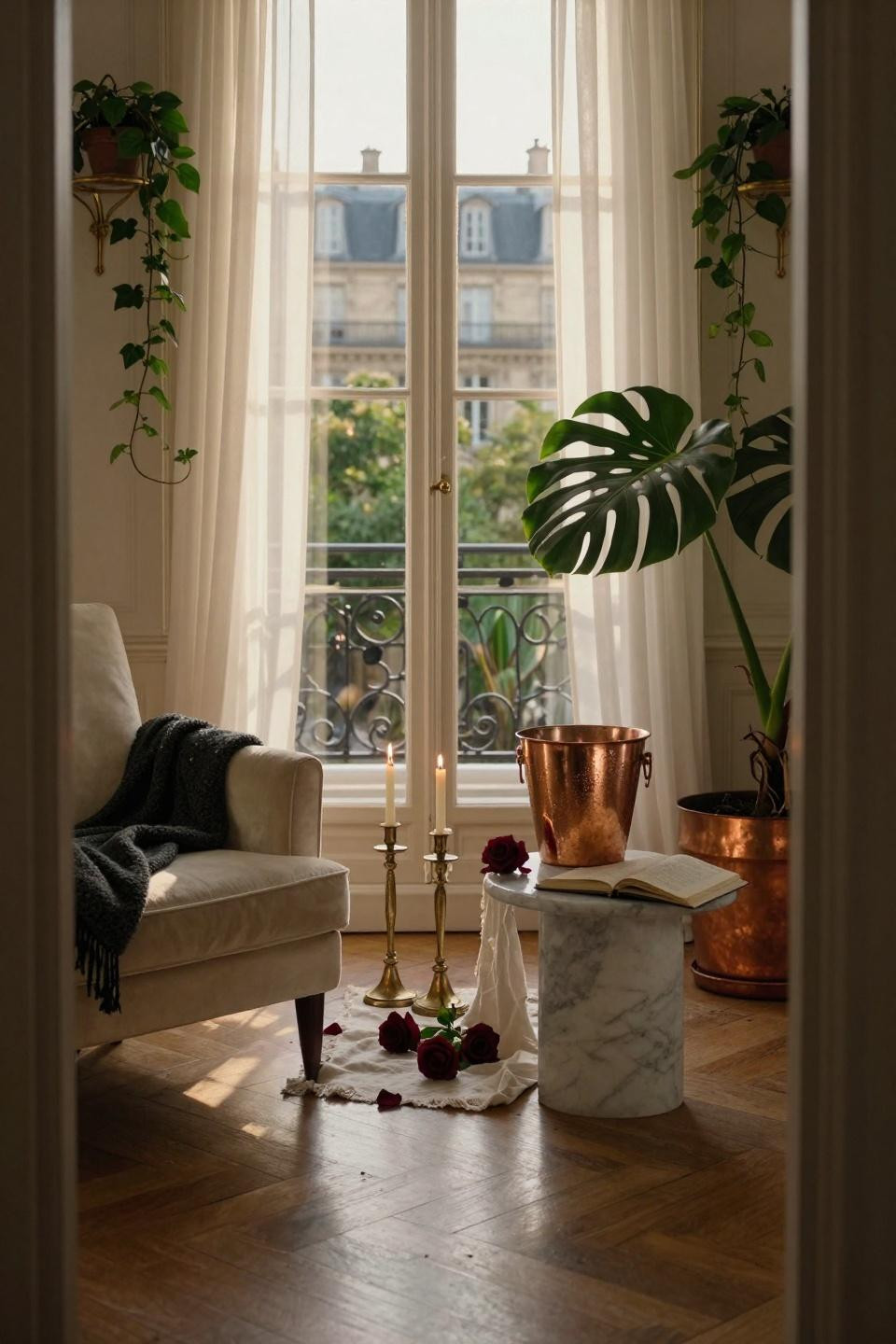 Valentines Day decorations restaurant - Haussmann suite with velvet armchair and trailing pothos