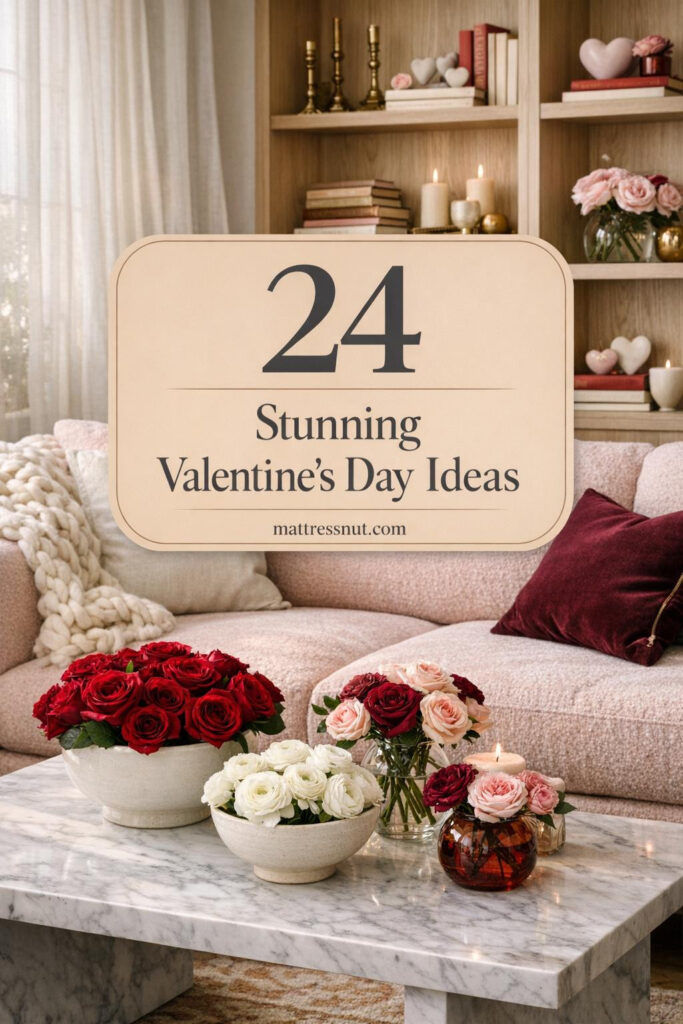 Blush pink boucle sofa with red roses, marble coffee table, cream throw, and burgundy velvet pillows in bright living room