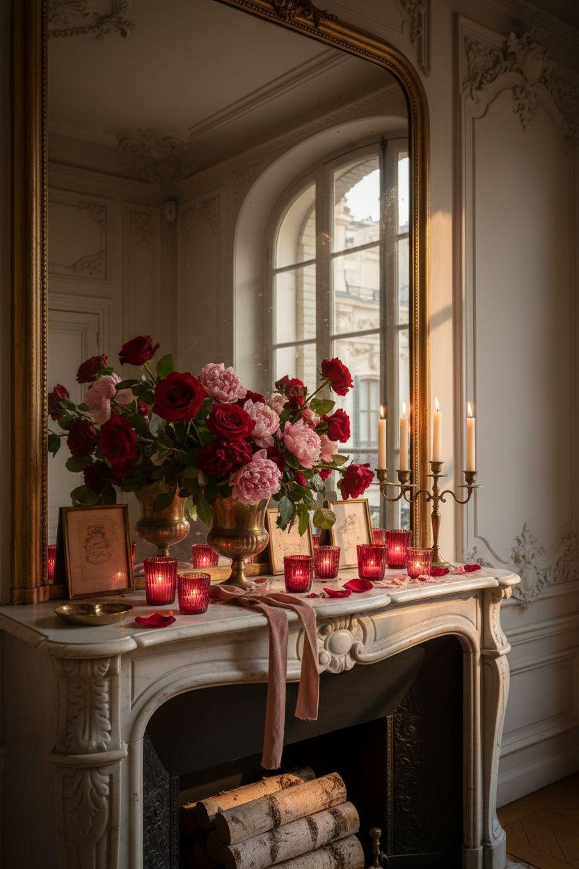 Valentine's Day decorations - moody mantel with red glass votives and dramatic lighting