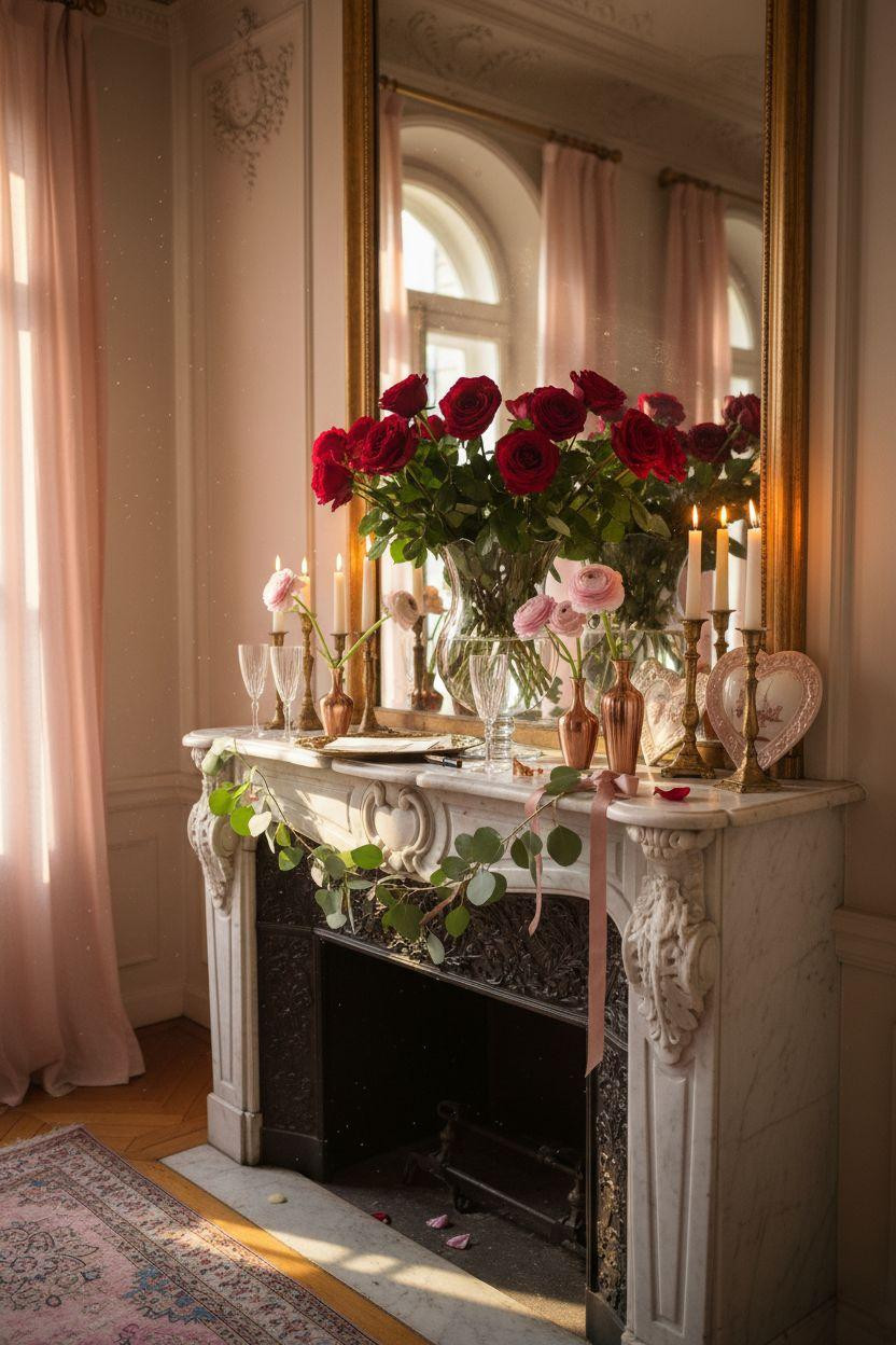 Valentine's Day decorations - refined mantel with ivory candles and crimson roses