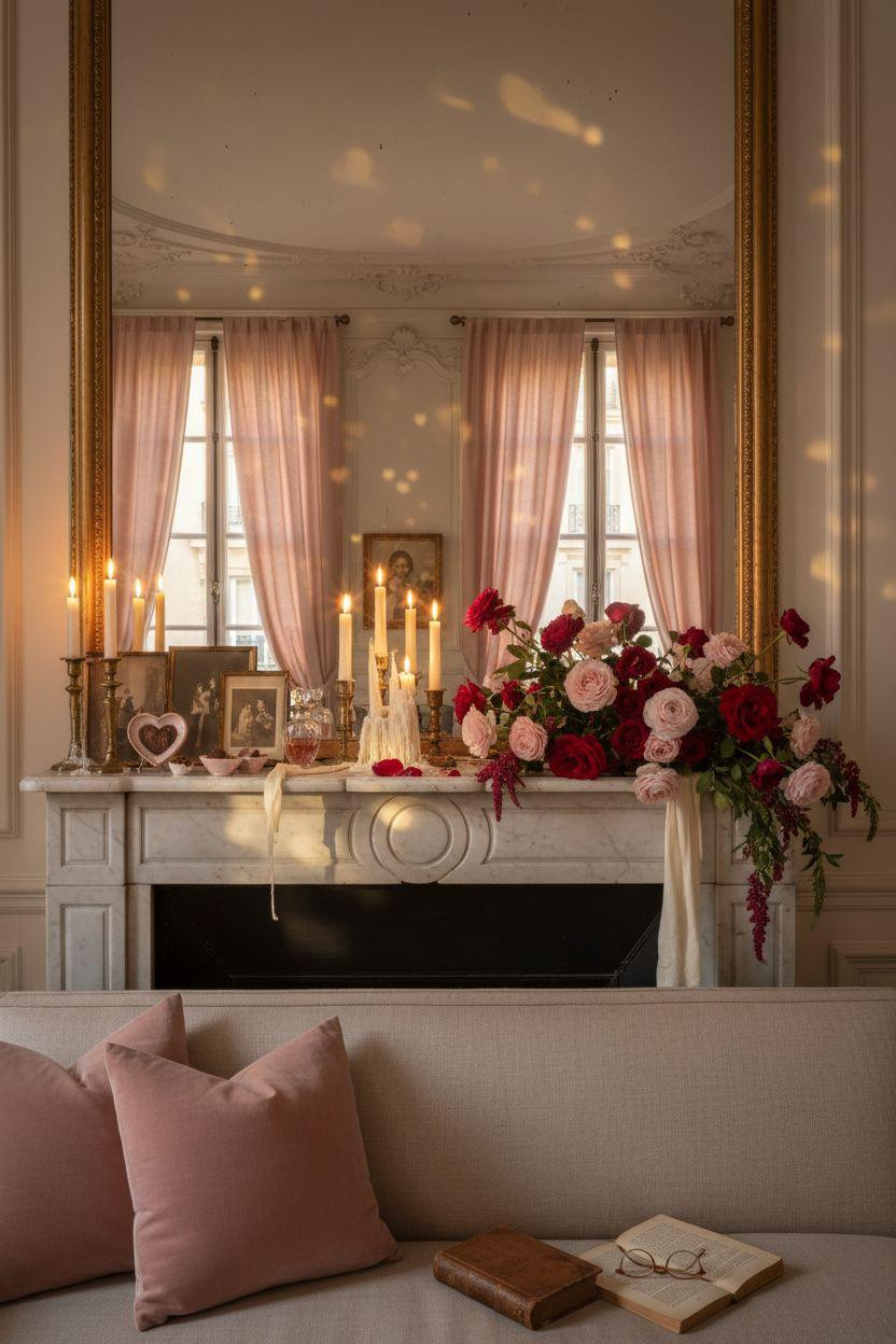 Valentine's Day decorations - mantel with layered candles and greenery garland