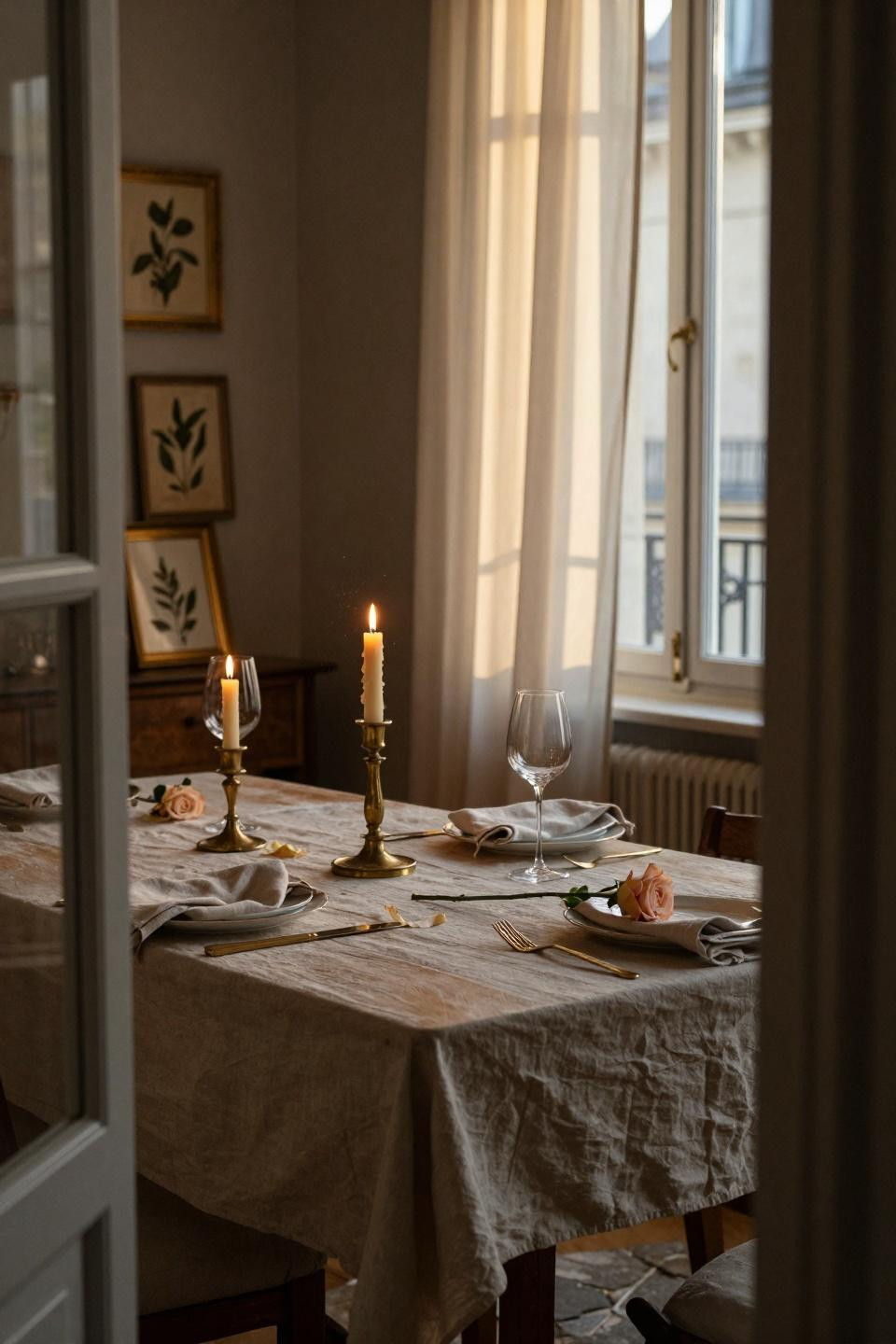Valentines Day decorations restaurant - Haussmann apartment with sun-bleached linen tablecloth