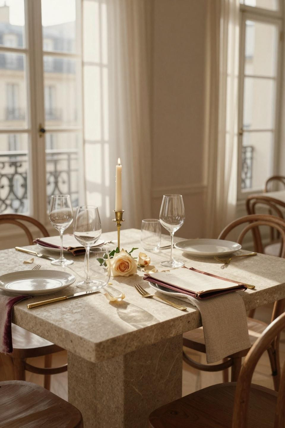 Valentines Day decorations restaurant - blush linen tablescape with brass candlesticks