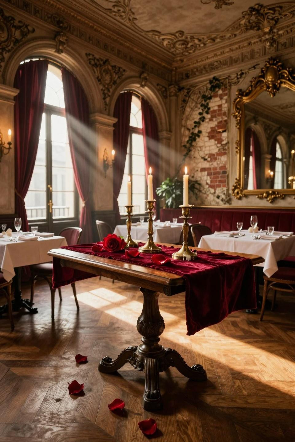 Valentines Day decorations restaurant - Belle Époque dining room with hand-carved walnut table