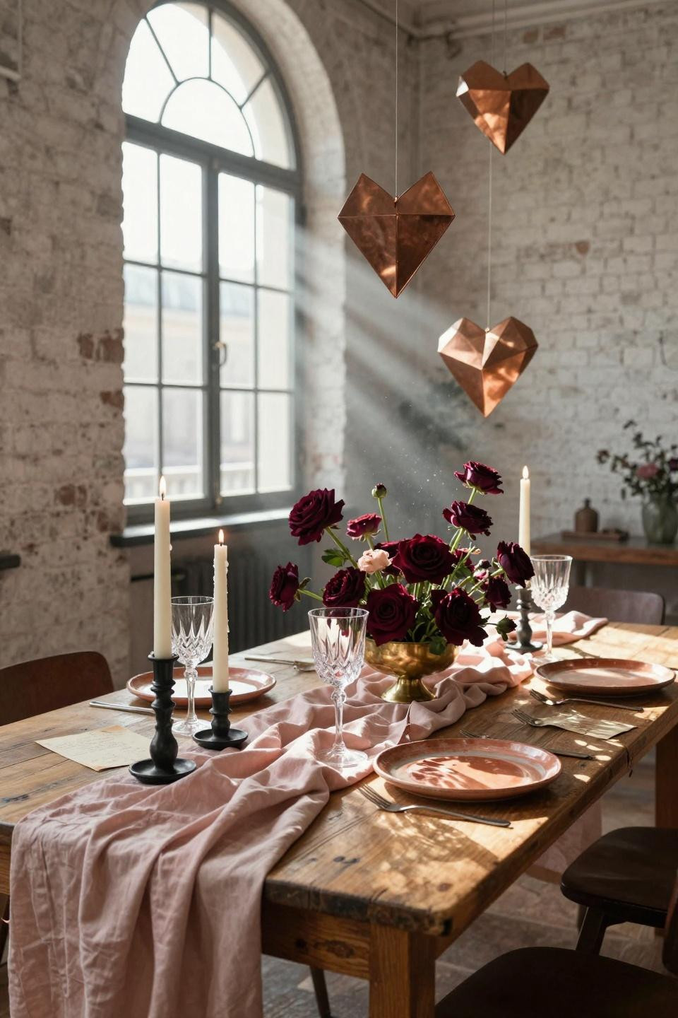 Valentines Day decorations restaurant - artist's loft with copper wire hearts and Belgian linen