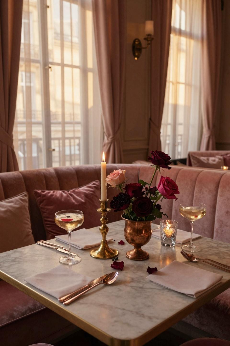Valentines Day decorations restaurant - Marais boutique hotel with brushed rose gold flatware