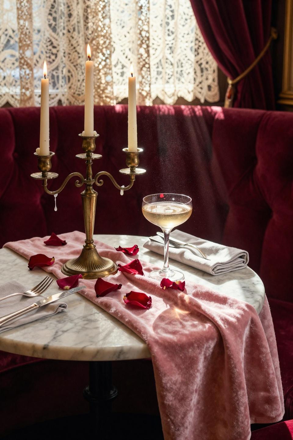 Valentines Day decorations restaurant - Parisian alcove with ruby silk napkins and Carrara marble