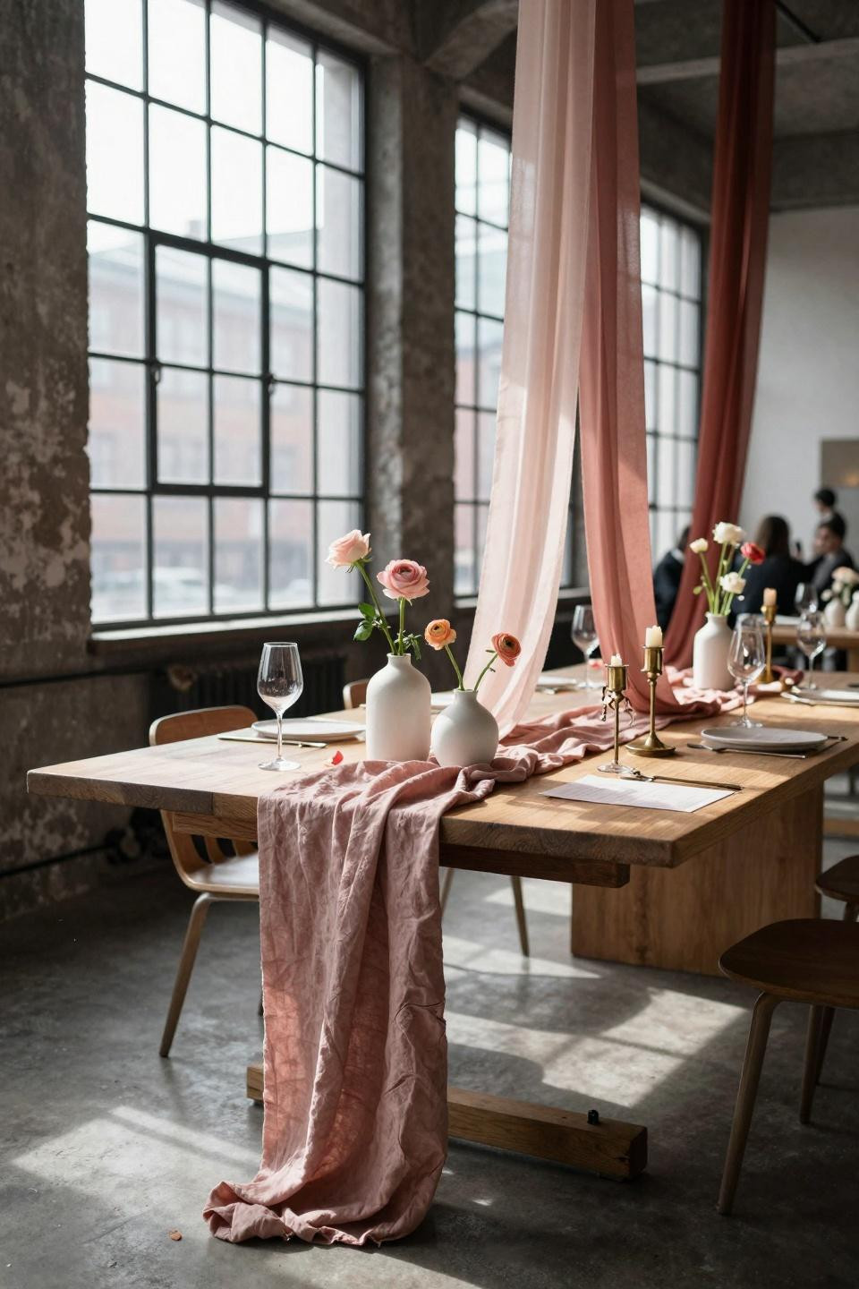 Valentines Day decorations restaurant - industrial Copenhagen warehouse with raw oak and silk ribbons