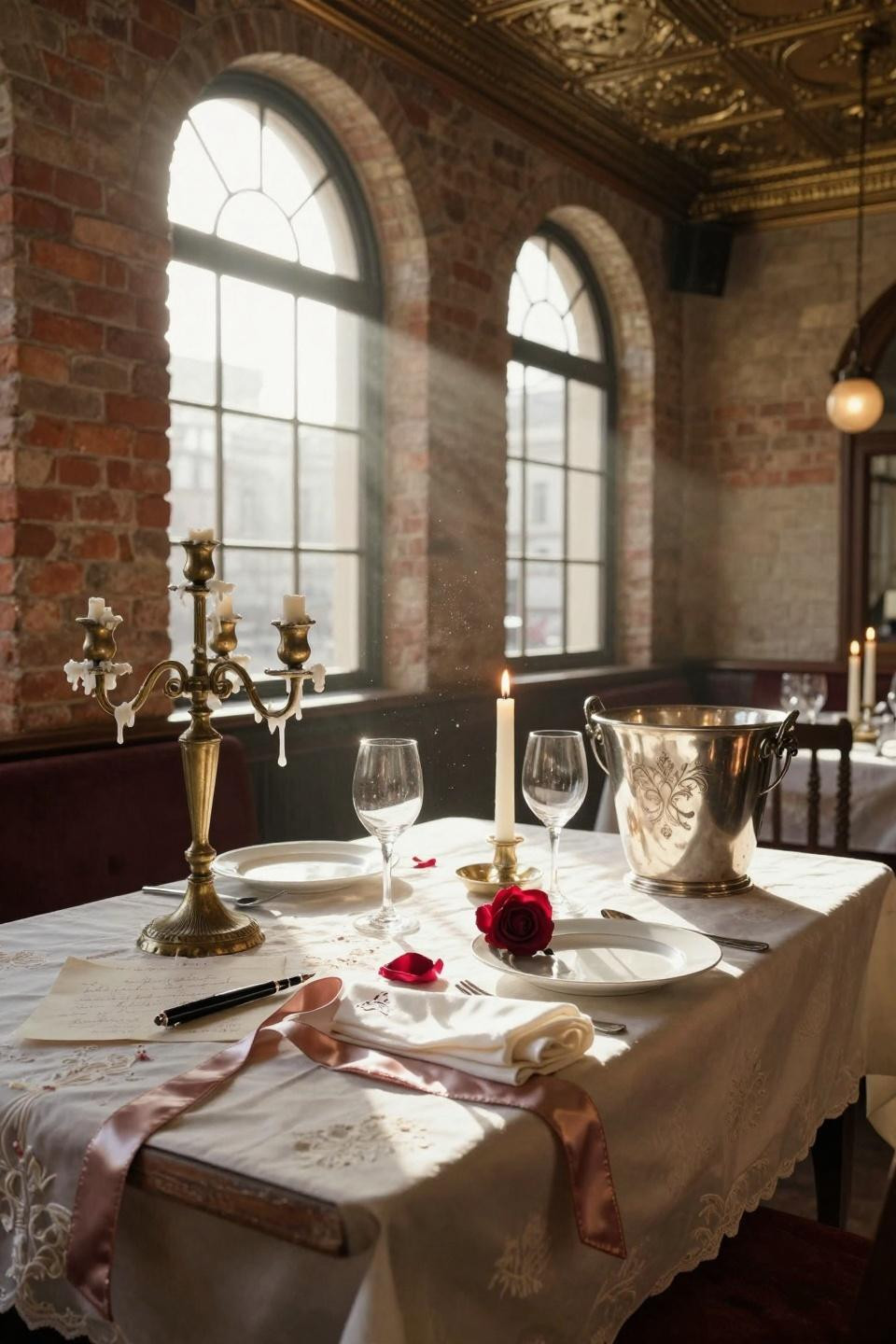 Valentines Day decorations restaurant - vintage brasserie with antique lace and mahogany table