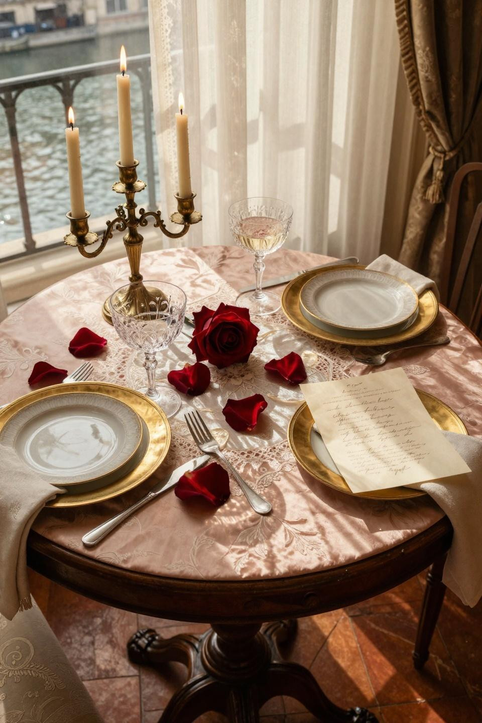Valentines Day decorations restaurant - Belle Époque hotel suite with antique porcelain and brass chargers
