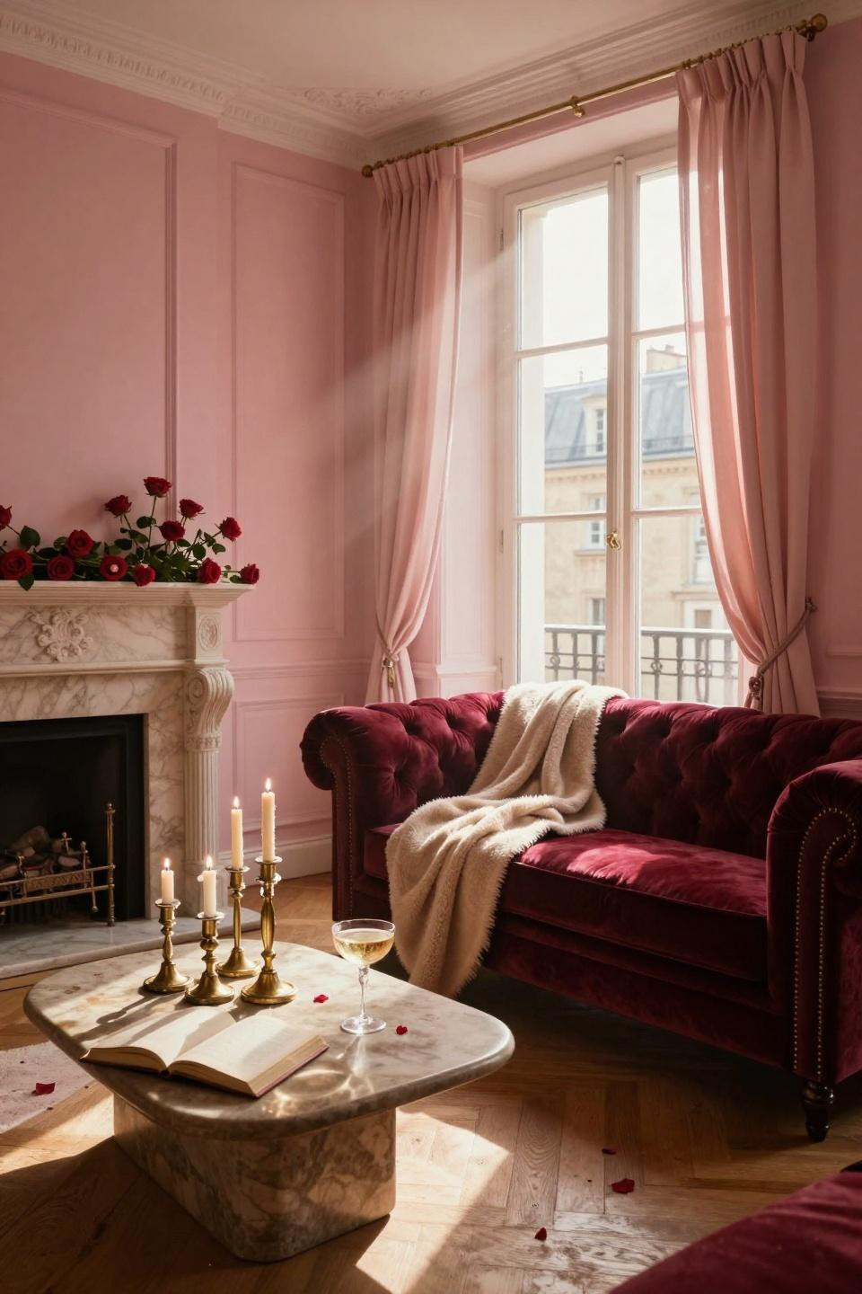 Valentines Day decorations restaurant - Parisian living room with burgundy velvet Chesterfield sofa