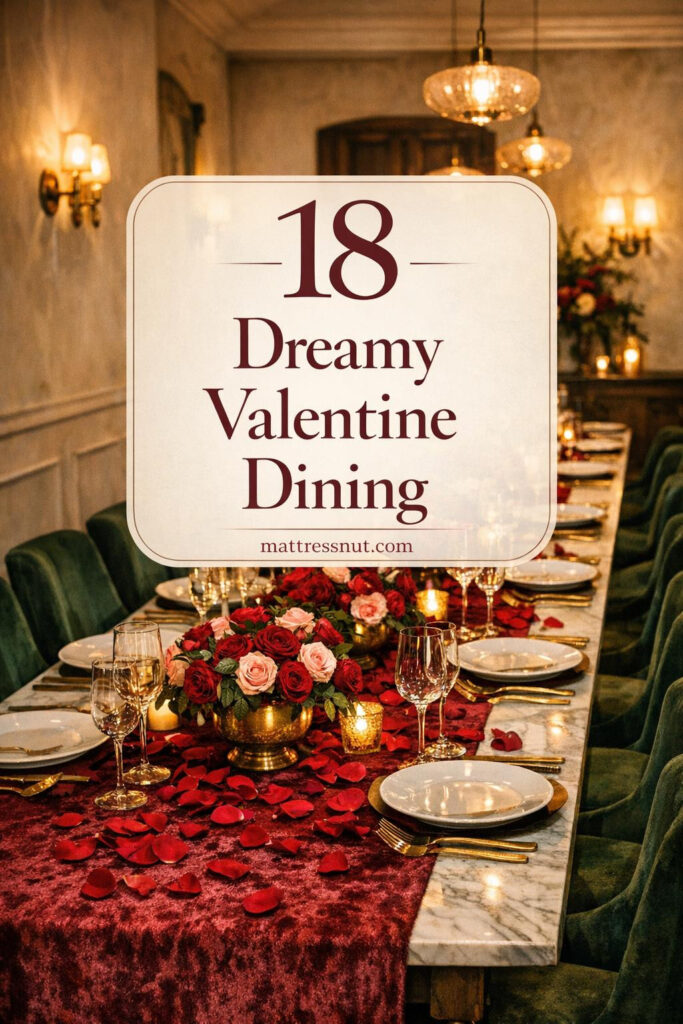 Elegant dining table with burgundy velvet runner, scattered crimson rose petals, brass candlelight, emerald chairs, roses