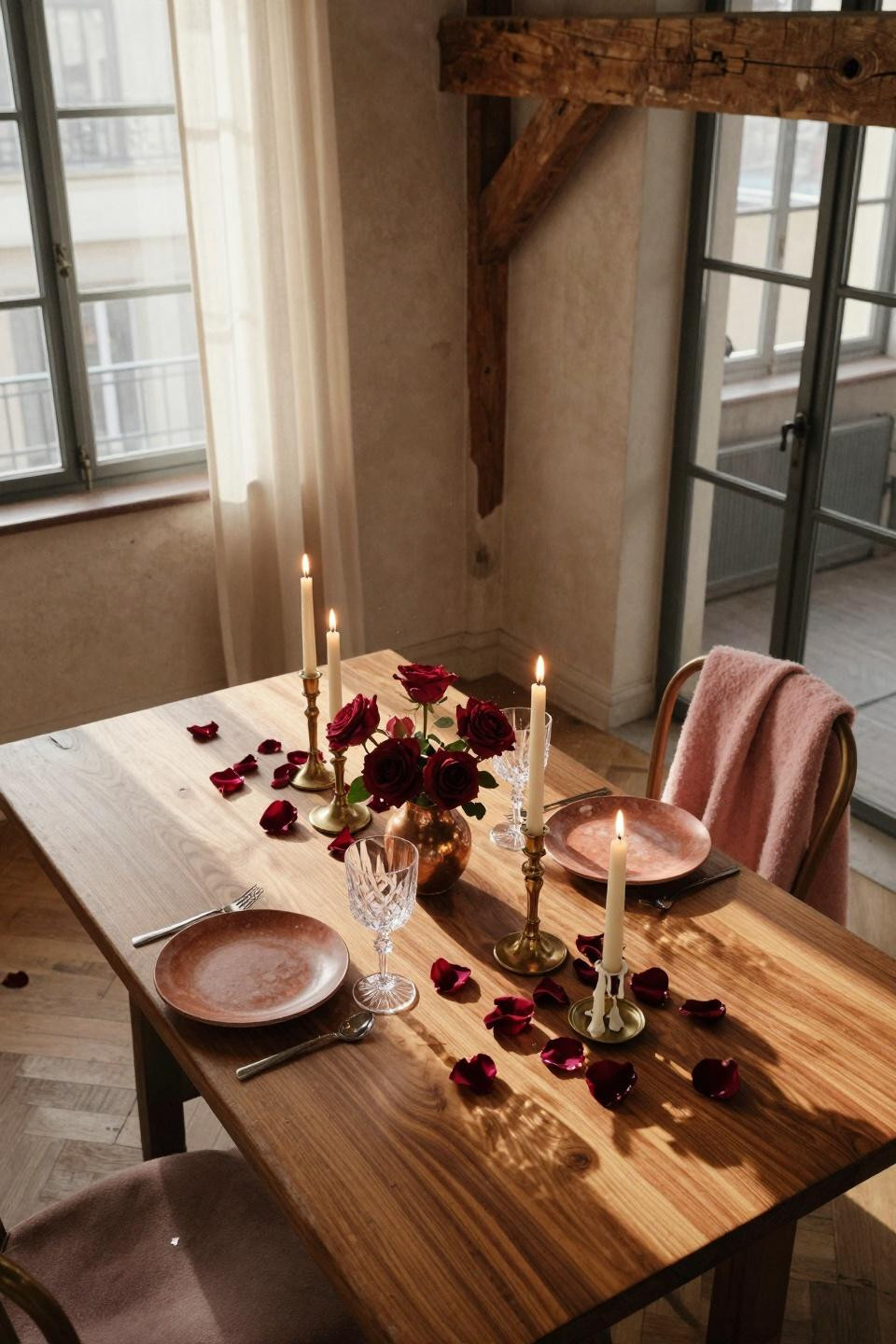 Valentines Day decorations restaurant - converted loft with live-edge walnut table and velvet rose petals