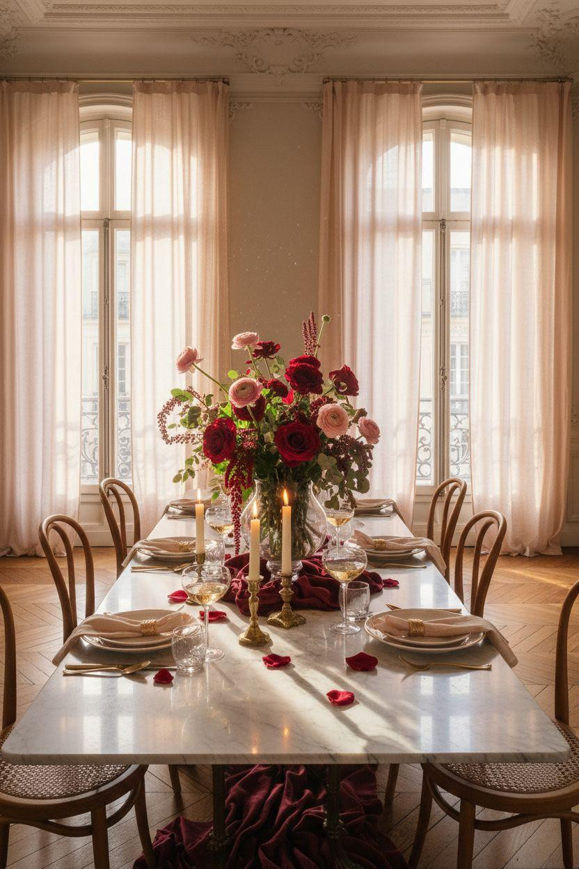 Valentine's Day decorations - elegant table with cascading florals and tall candles