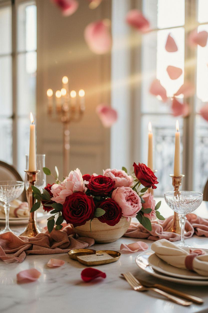 Valentine's Day decorations - intimate marble table centerpiece with roses