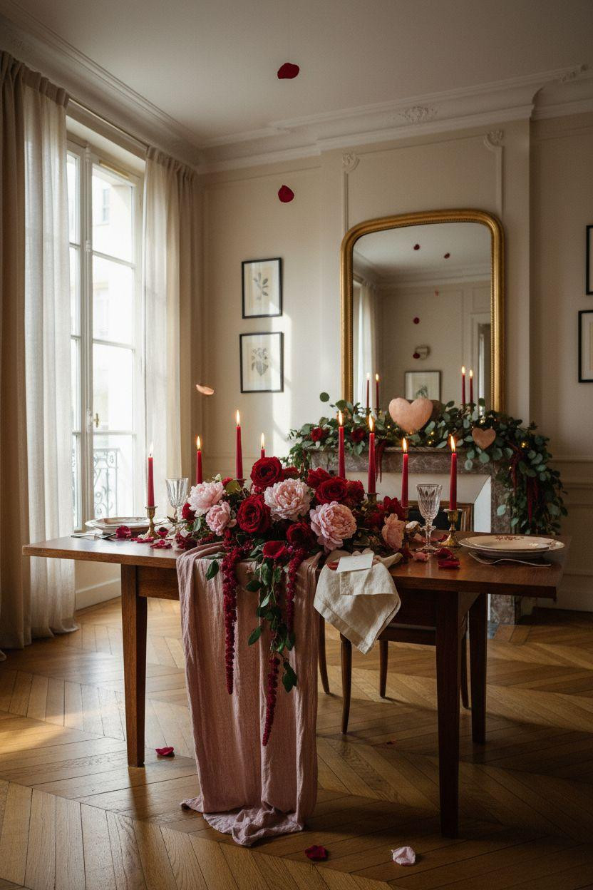 Valentine's Day decorations - formal dining table with white linen and crimson runner