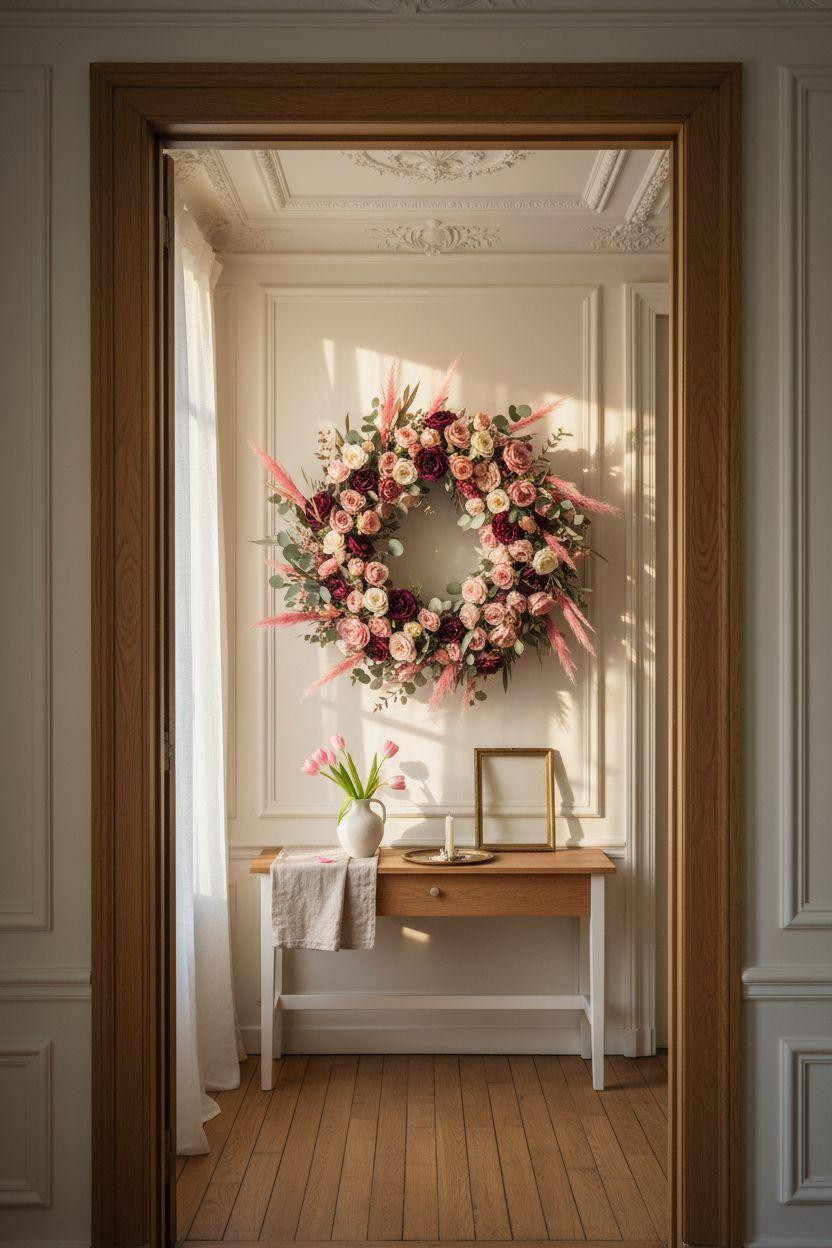 Valentine's Day wreath with fresh pink tulips and burgundy roses through doorway
