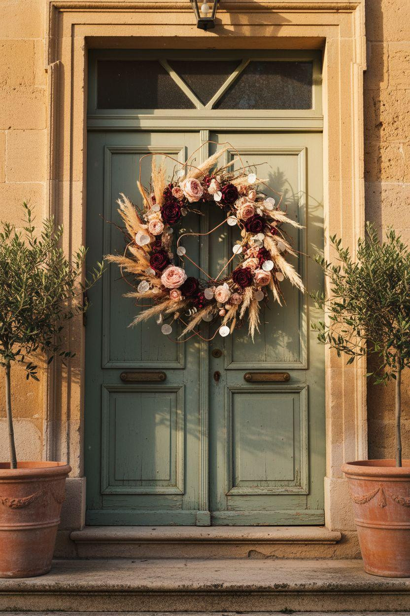 Valentine's Day wreath with copper wire accents and sage eucalyptus