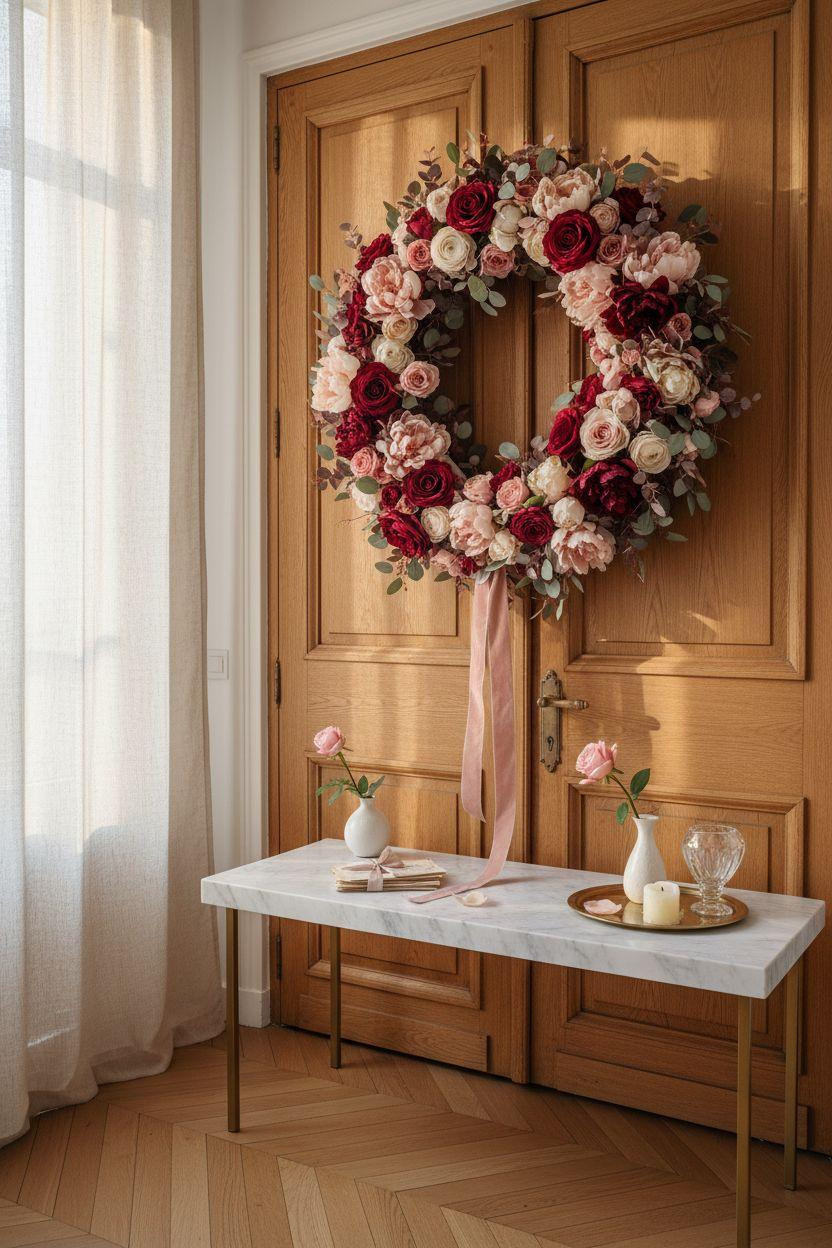 Valentine's Day wreath with deep crimson and ivory florals on natural oak door