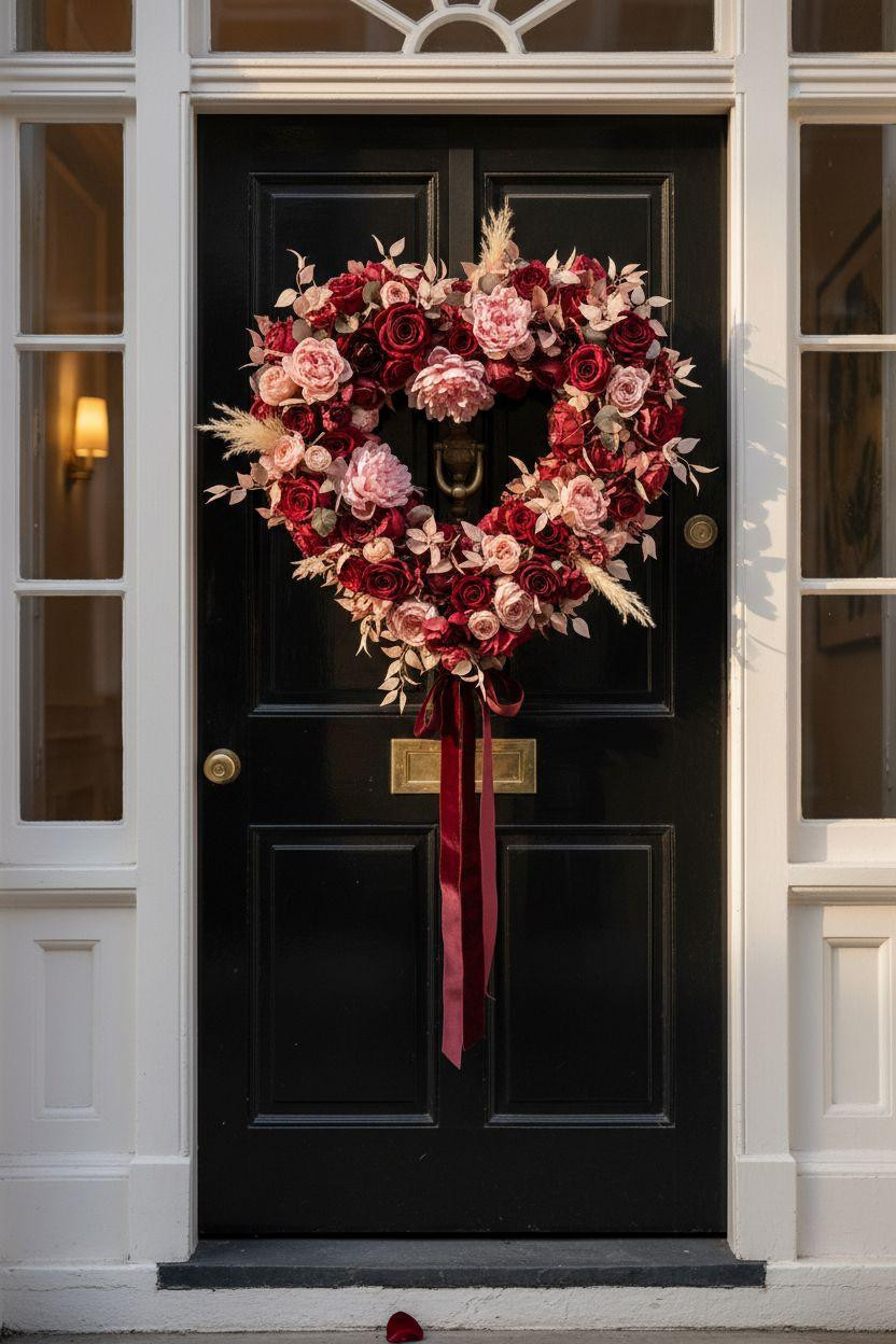 Valentine's Day wreath with crimson roses on glossy black lacquered door