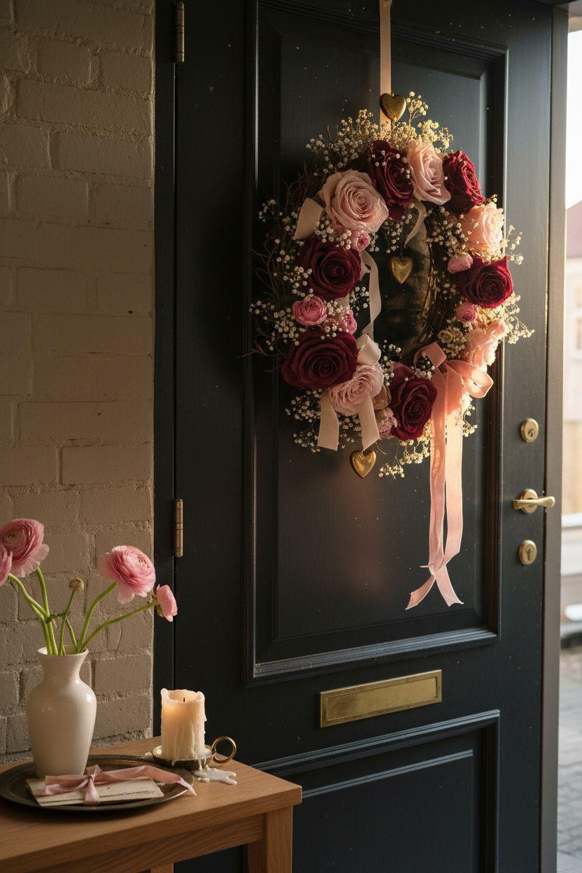 Valentine's Day wreath with vintage velvet ribbon and brass heart charms