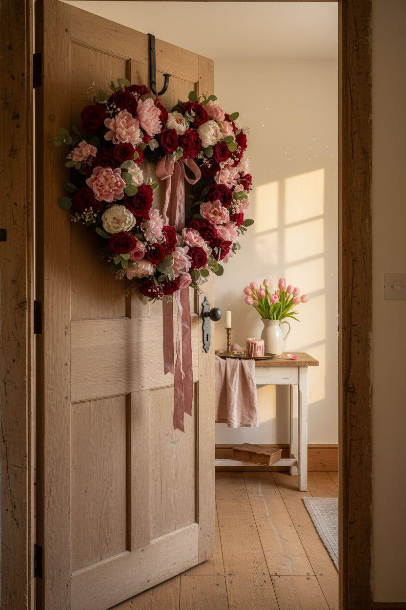 Valentine's Day wreath with blush peonies and dusty rose ribbon on honey oak door